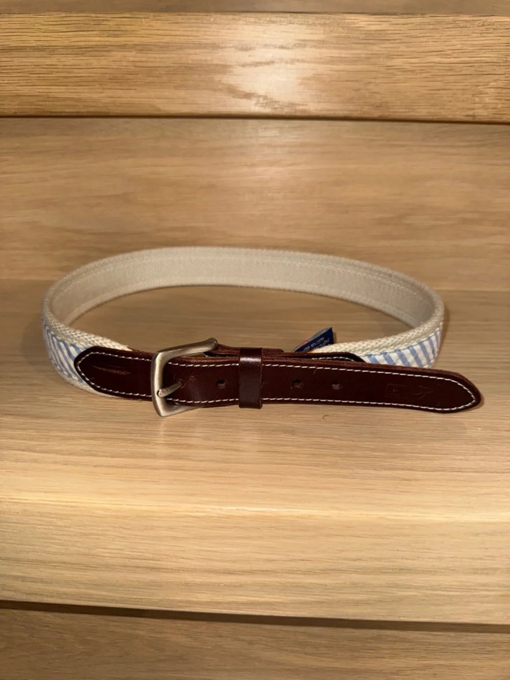 Vineyard Vines Boys Cream Canvas Belt with Blue Stripes and Brown Leather Sz 26